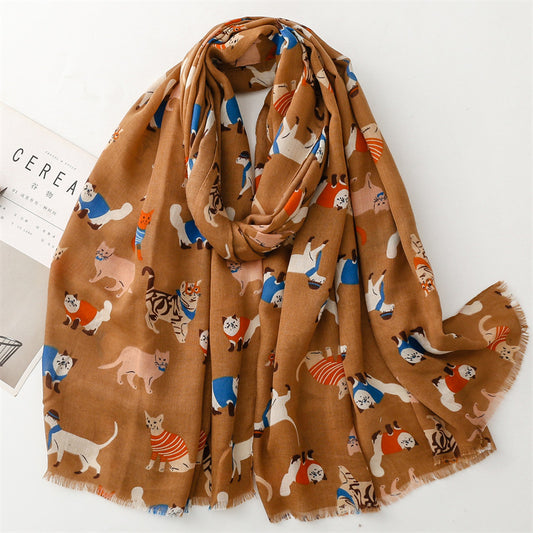 Cotton And Linen Hand Scarf Fashion Cat Cartoon Thermal Shawl