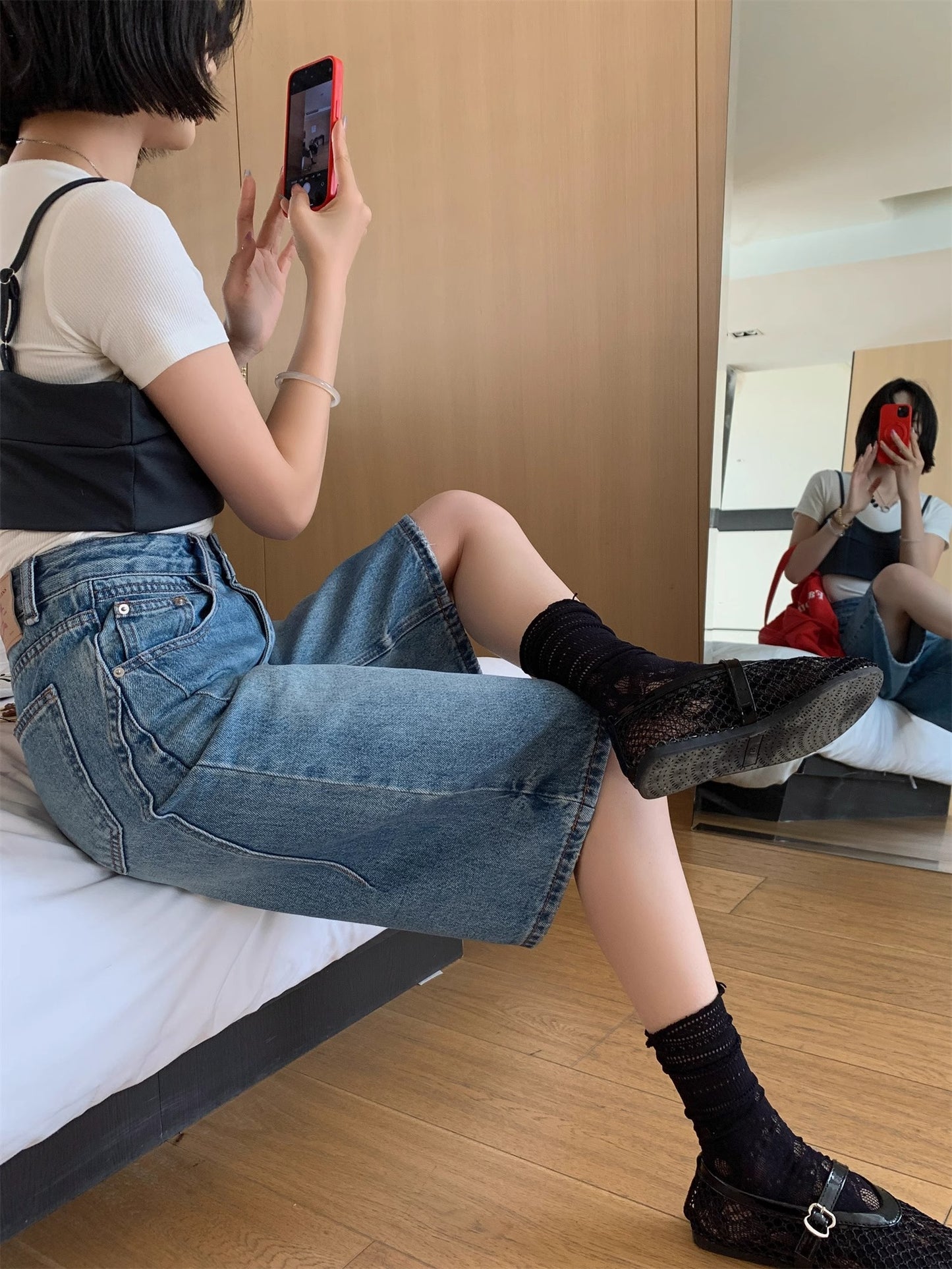 Retro High Waist Denim Water Blue Fifth Wide-leg Pants