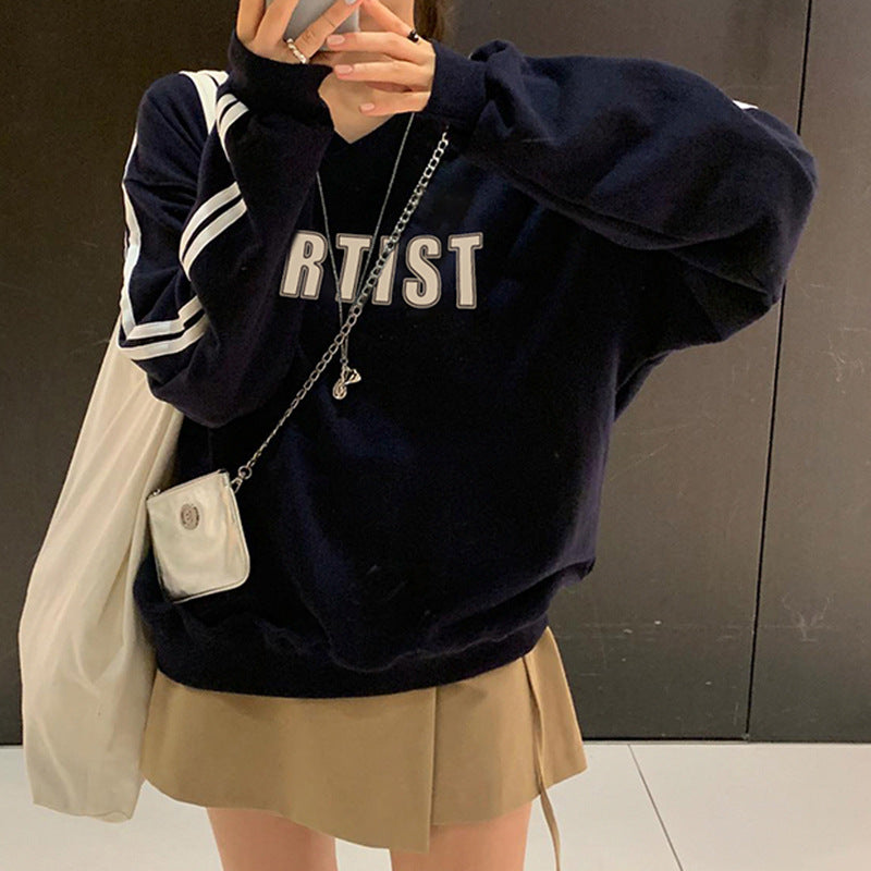 Women's Striped V-neck Patchwork Pullover Sweater Top