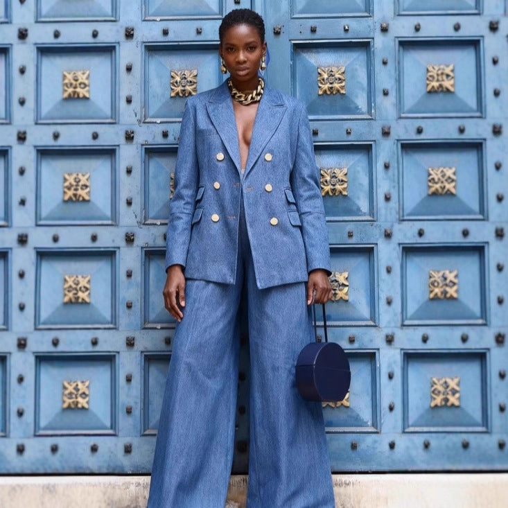 Womens Solid-Color Metal-Button Fashion Suit Pants Set
