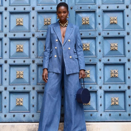 Womens Solid-Color Metal-Button Fashion Suit Pants Set