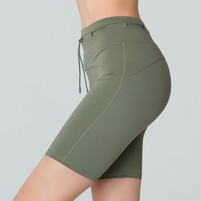 Kvinders Højtaljede Hofteløft Tætsiddende Yoga Shorts med Snøre