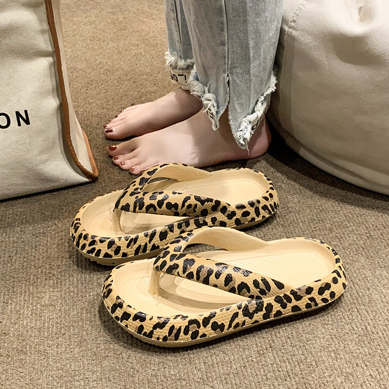 Fiskebensmønstrede tøfler til kvinder – sommer, med klipklap-tå, tyk sål, leopardprint
