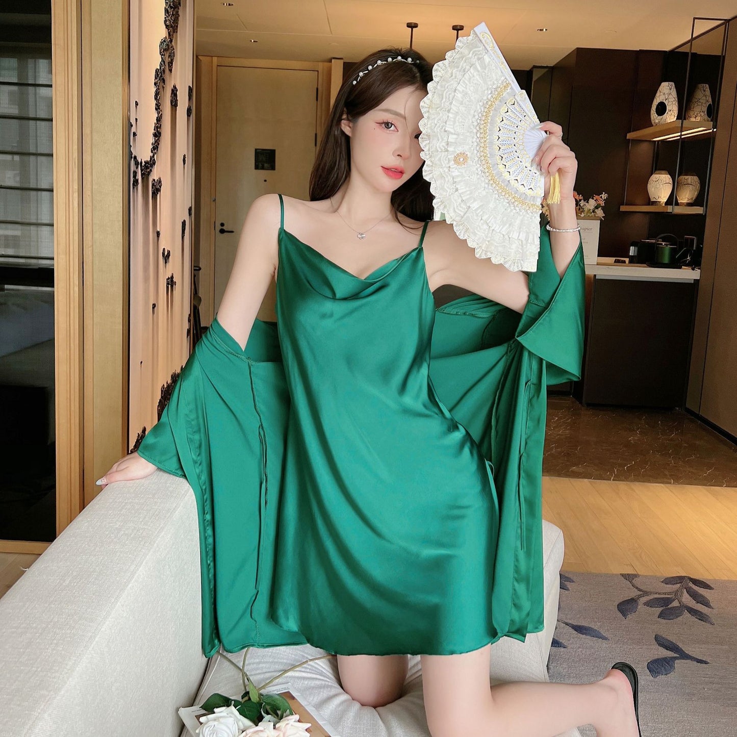 Summer Spaghetti-strap Ice-silk Split-back Loungewear