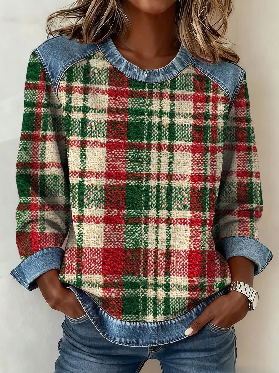 Womens Retro Crew-Neck Long-Sleeve Sweatshirt Top
