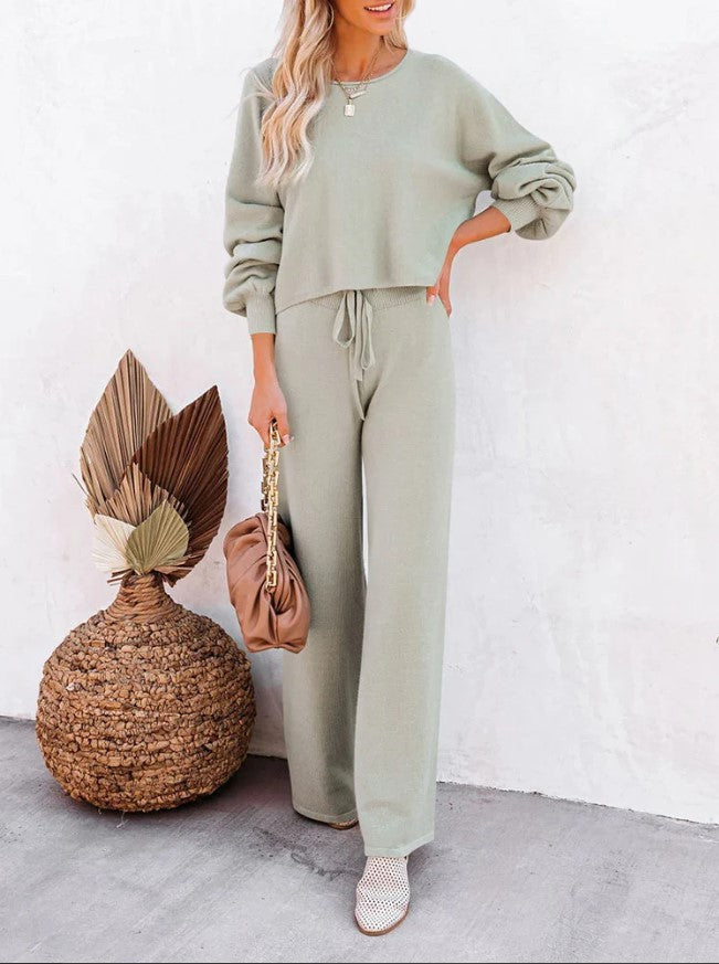 Casual Solid Color Long-sleeved Trousers Two-piece Set