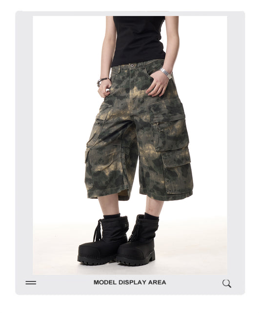 Retro Camouflage Cropped Pants Men And Women Ruan Handsome Multi-pocket Loose Wide-leg Workwear Shorts