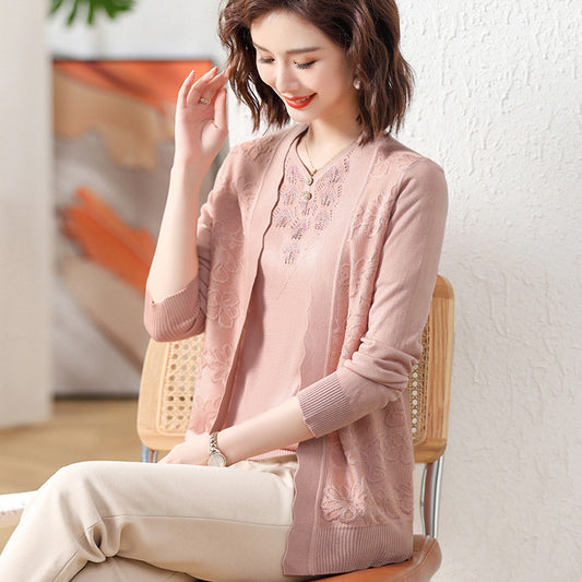 Spring Wear For Moms Fashionable Jacket Thin Knitted Cardigan Two-piece Suit