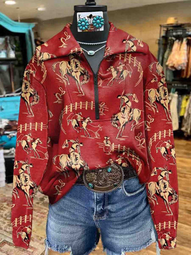 Autumn And Winter New Women's Retro Pattern Leisure Pullover Zipper Sweater