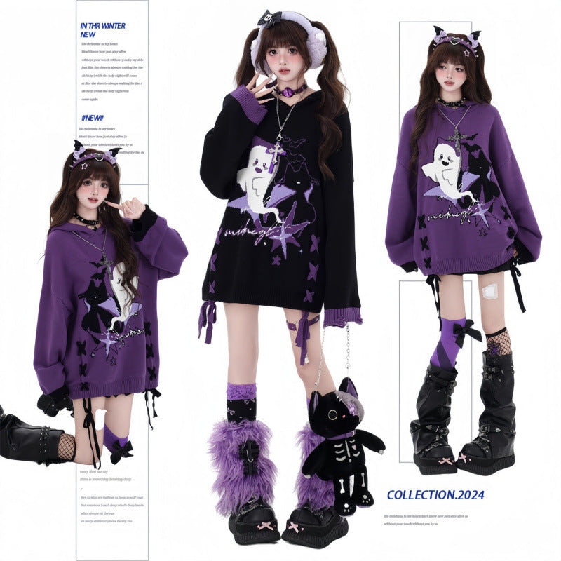 Original Black And Purple Contrast Color Lace-up Loose Sweater