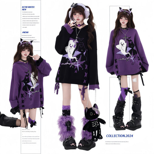 Original Black And Purple Contrast Color Lace-up Loose Sweater