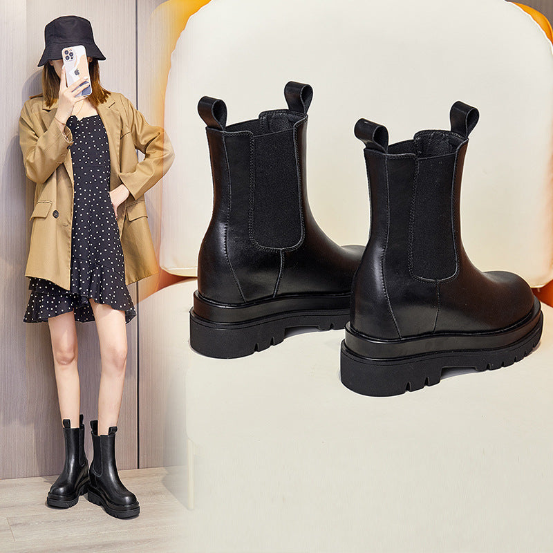 Leather Martin Boots Women's Thick-soled Inner Heightening Casual Korean