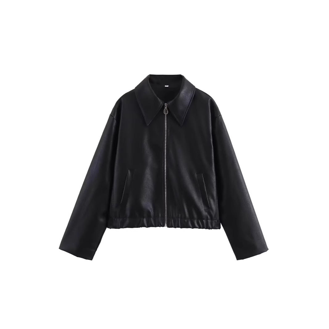 Cappotto in pelle da donna con collo a rever e maniche lunghe