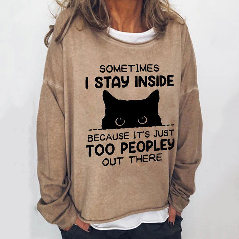 Black Cat English Round Neck Long-sleeved Pullover Top