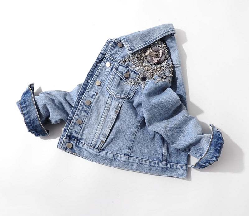 Jaqueta jeans de manga longa com flores bordadas pesadas