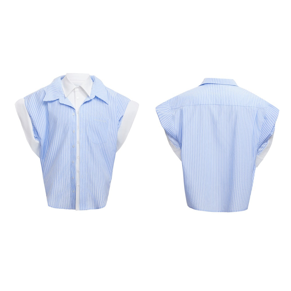 College Blue Striped Shirt Fake Two Pieces Short Sleeve Cardigan