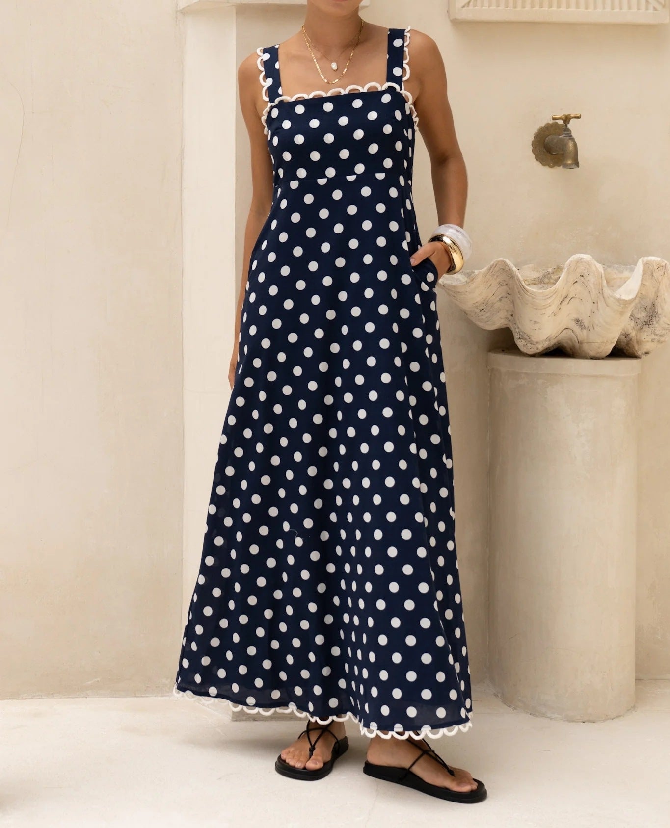 Polka-dot Print A-line Dress With Lace Trim