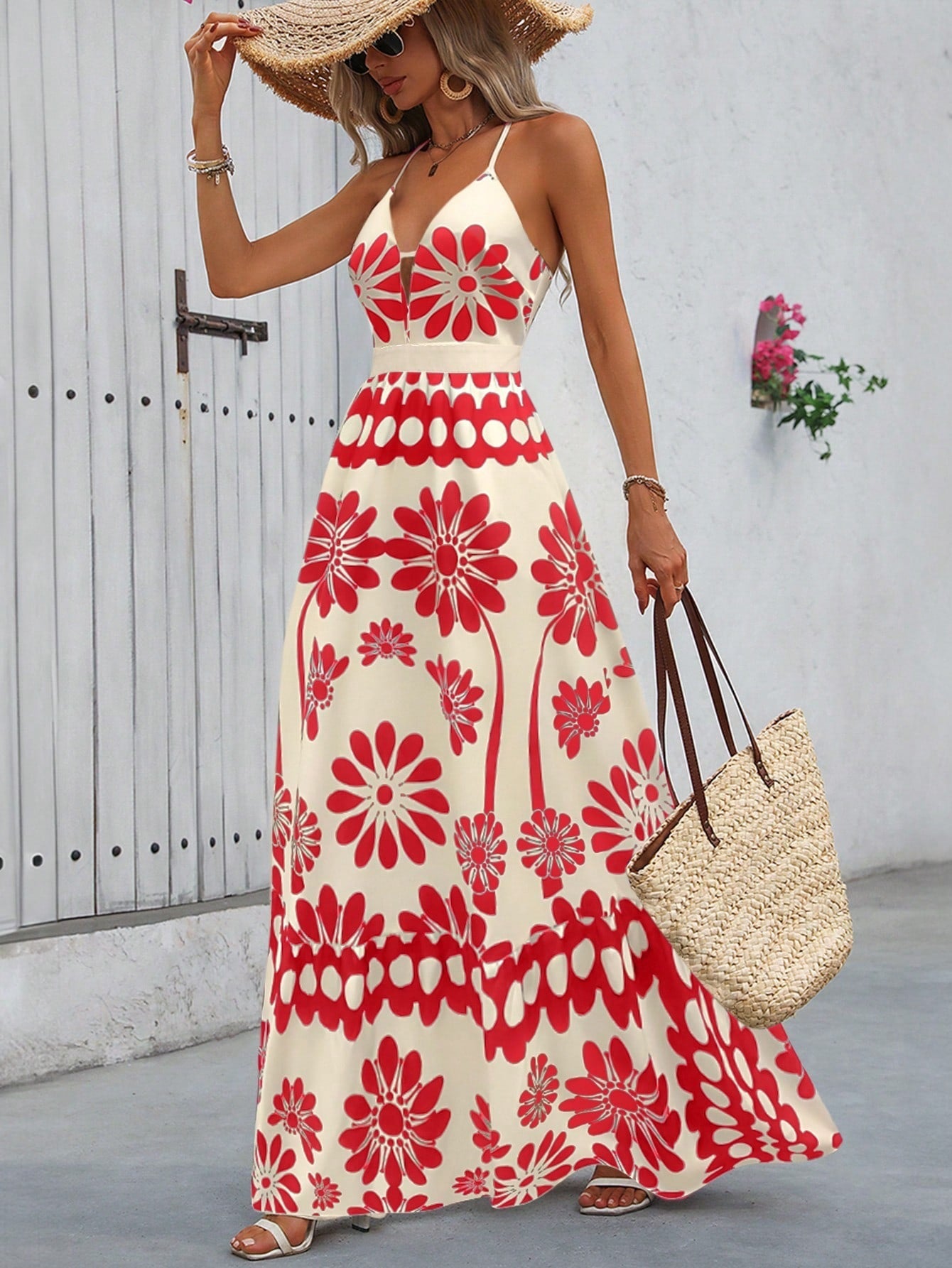 Printed Strap Maxi Dress With A Vacation-ready Open-back Design