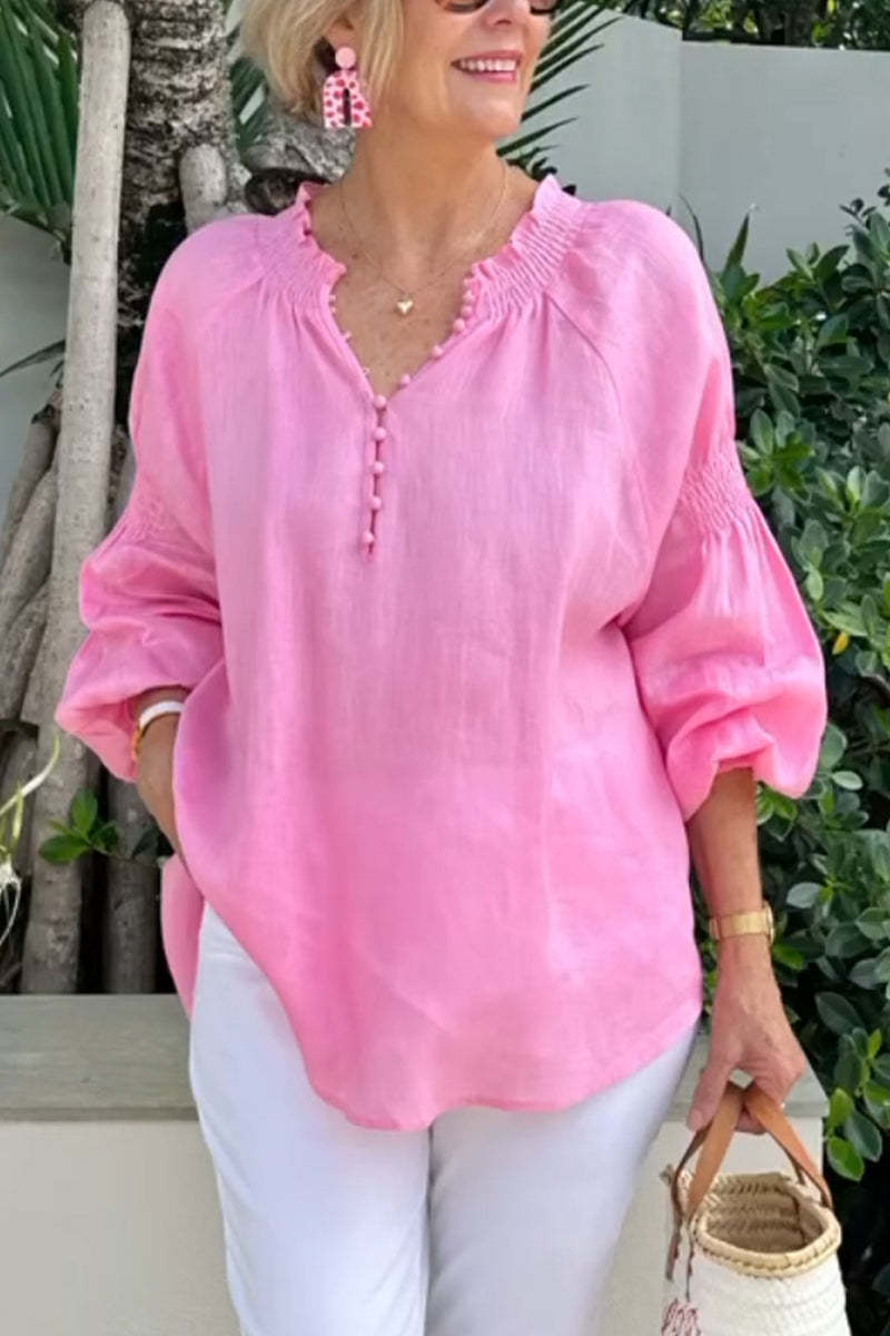 Womens Casual V-Neck Solid Color Cotton-Linen Long-Sleeve Top