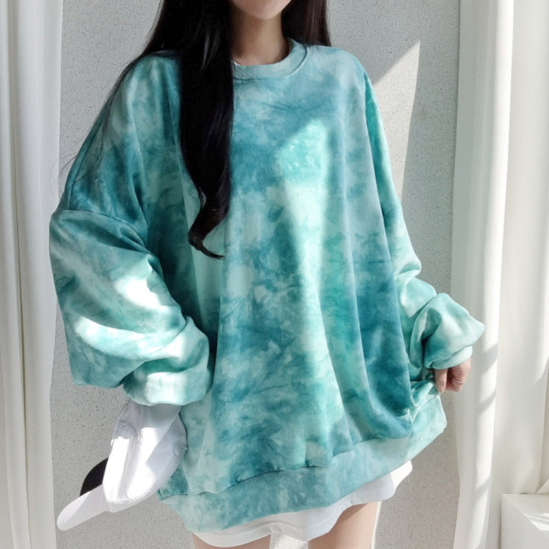 Tie-dye Sweater Dame Bomuld Løs Koreansk Top All-match Bogstaver Forår Og Efterår