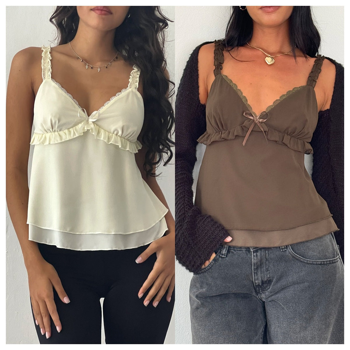 Chiffon Stitching Lace Pleating Sling Top