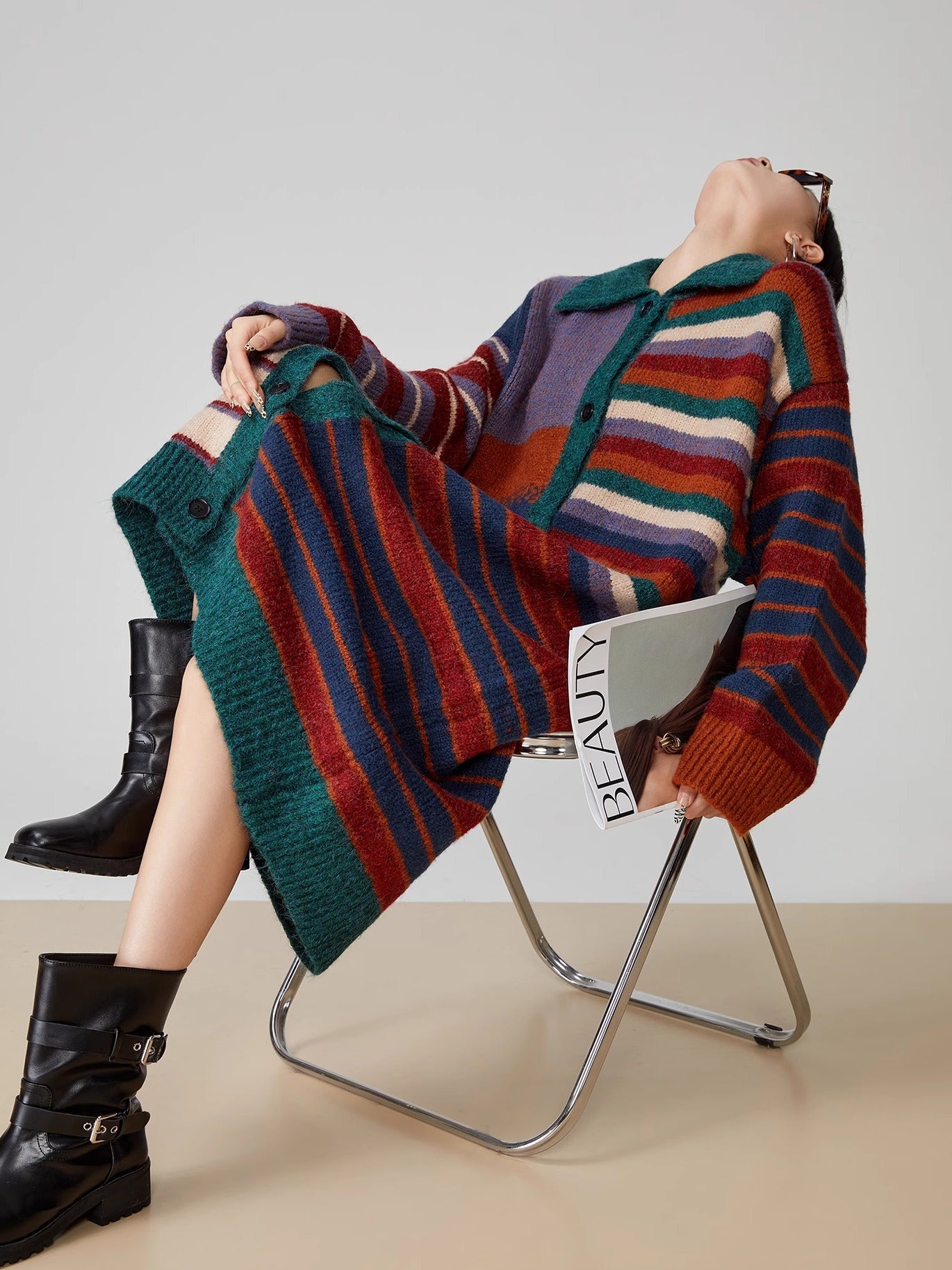 American Retro Color Stripes Long Sweater Coat Women