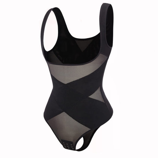Mesh Breathable Slim Fit Wide Shoulder Strap Corset Belly Contracting Jumpsuit
