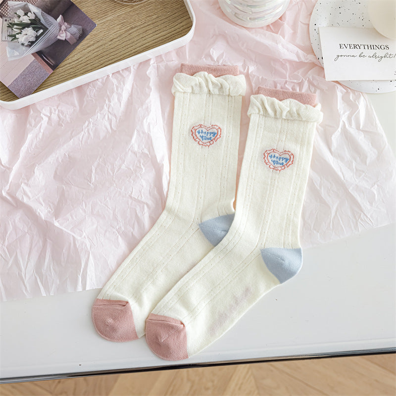 Pink Blue Tulip Glass Silk Pile Socks For Ladies