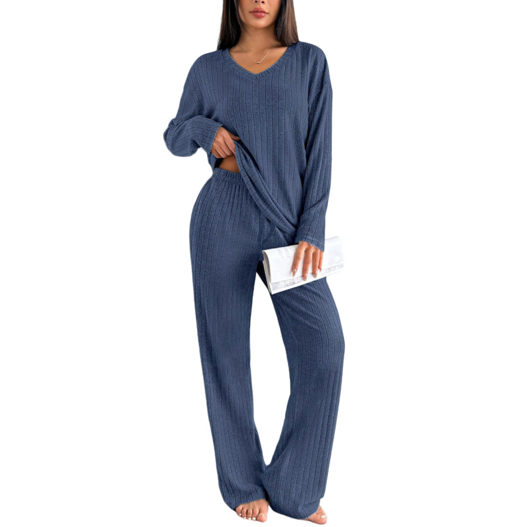 Autumn And Winter Suit Sunken Stripe Brushed Comfortable Loose Pajamas Ladies' Homewear Two Pieces