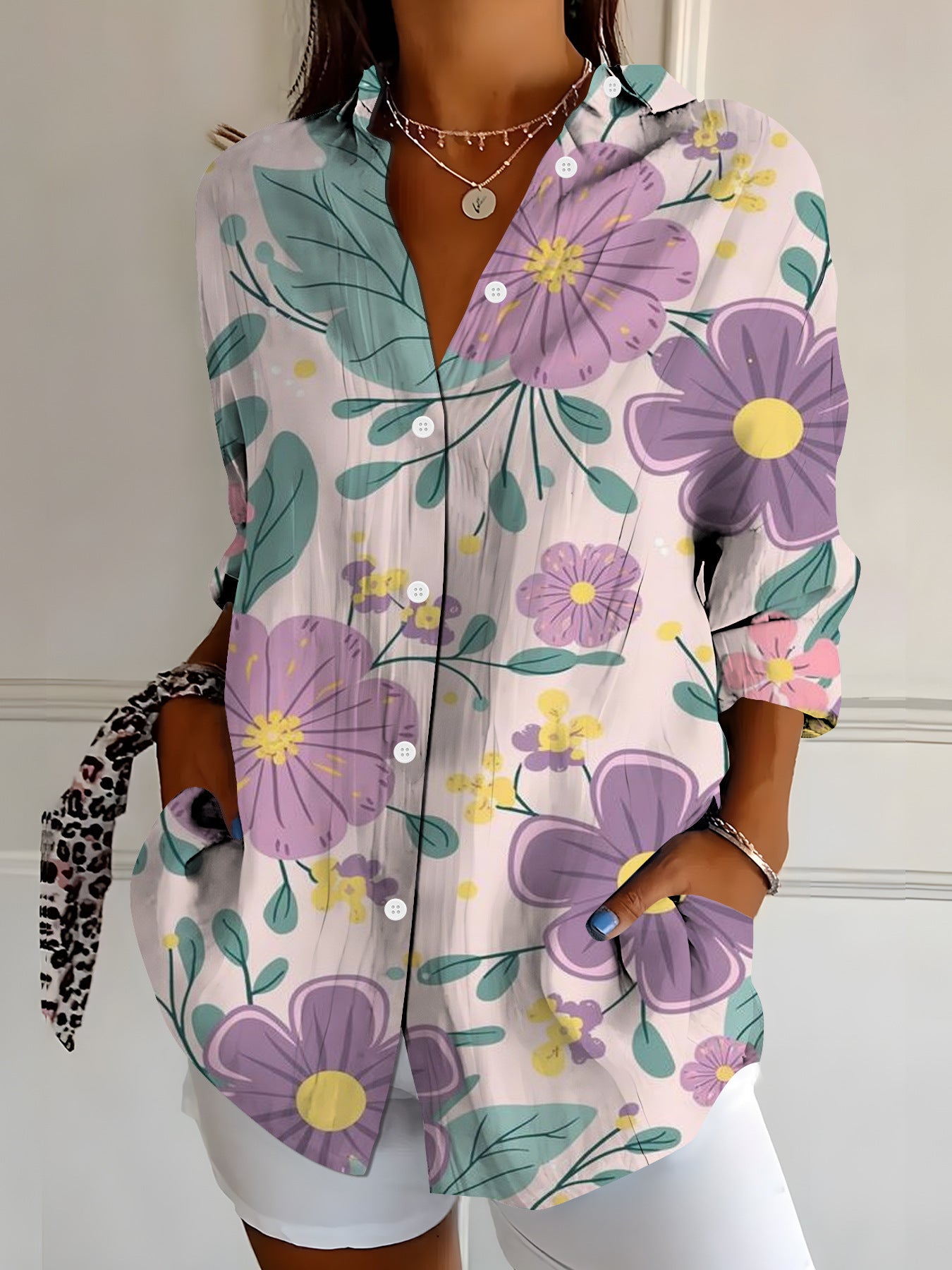 Womens Vibrant Colorful Floral-patterned Long-sleeve Shirt