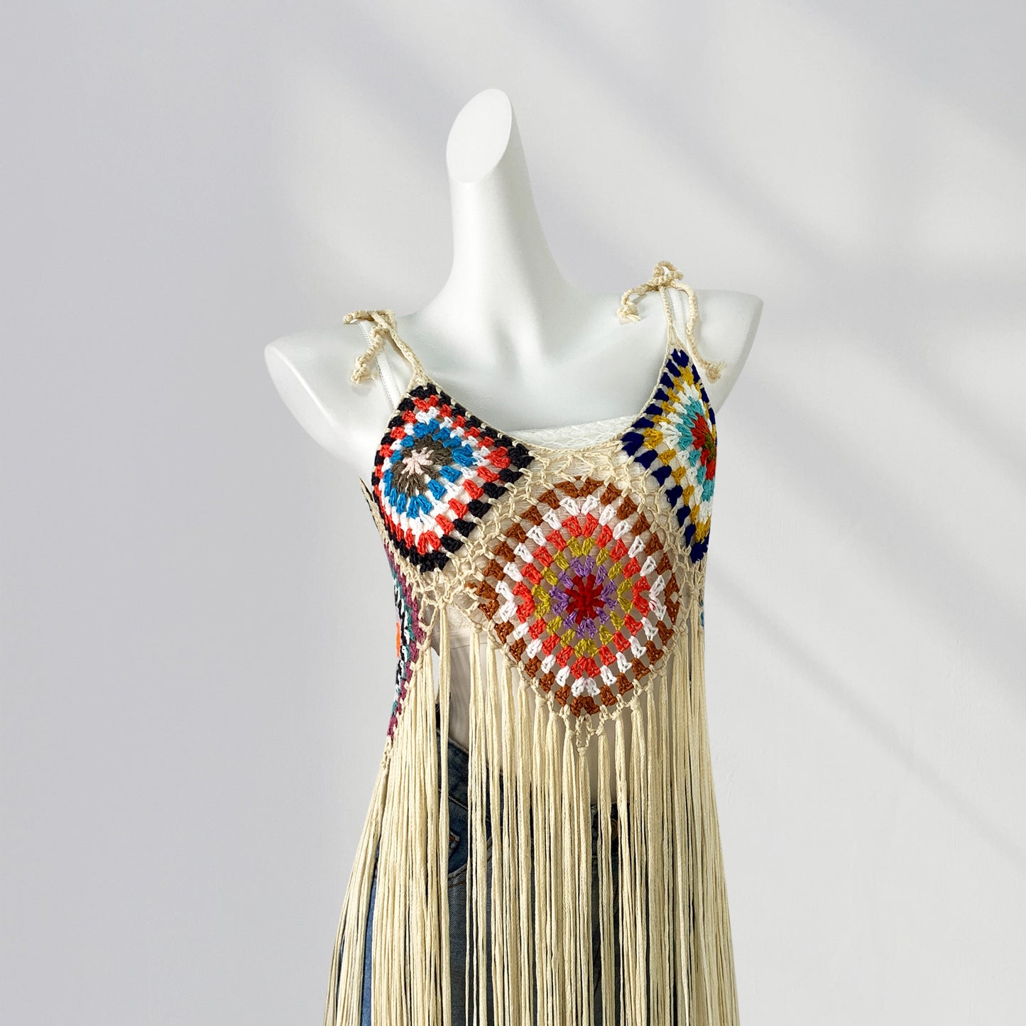 Long Handmade Crocheted Plaid Knitted Sling Tassel Smock Dress