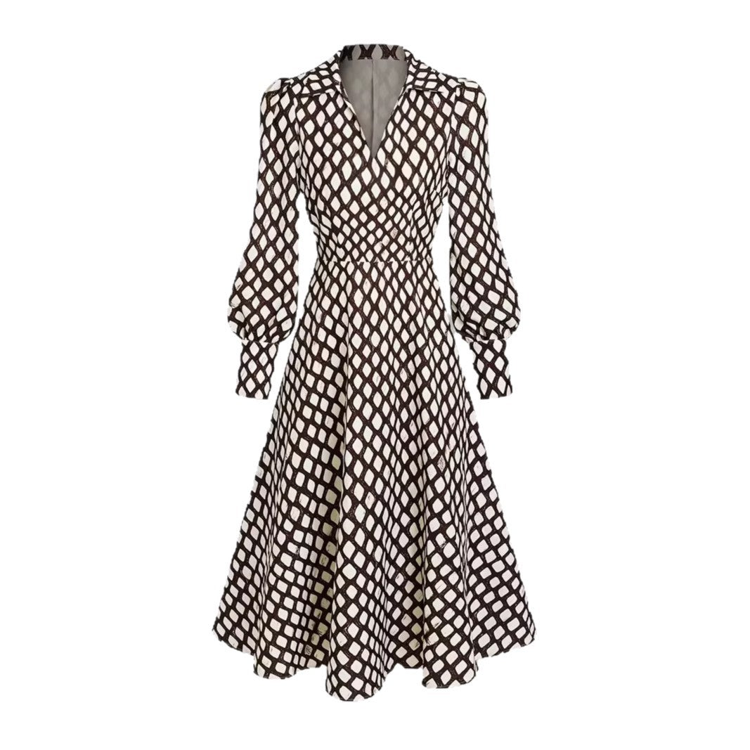 V-neck Printed Long-sleeve Tie-waist Dress