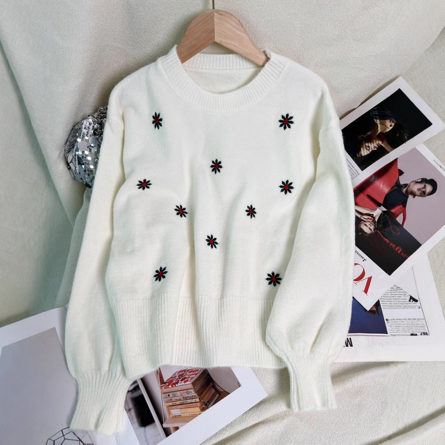 Women's Casual Embroidered Flower Sweater