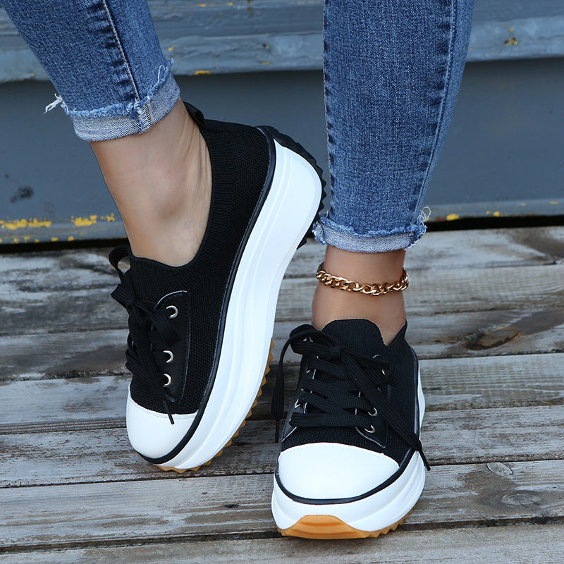 Casual Round Toe Flat Shoes Lace-up Sneakers Thick Bottom Platform Shoes