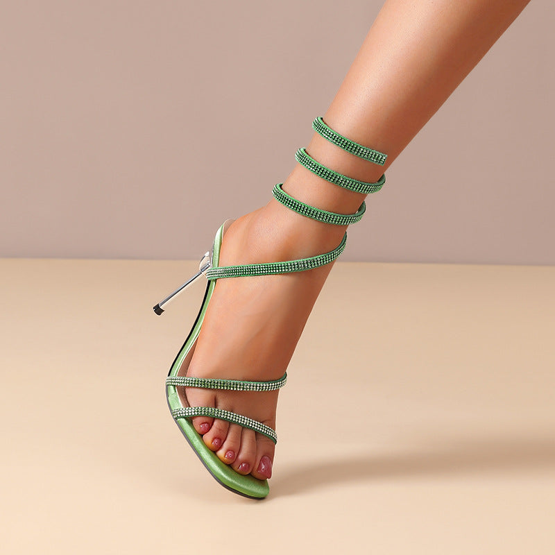 Rhinestone Snake-shaped Winding Tape Hollow Stiletto Heel High Heel Sandals