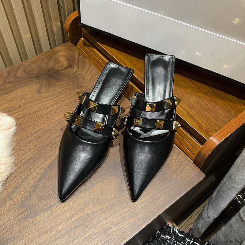 Women's Single Shoes Pointed Toe Sandals Women's Thick Heel Baotou Half Slippers
