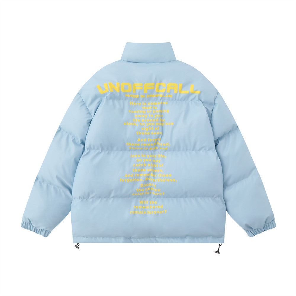 English Letters Printed Street Stand Collar Two-way Loose Zip Cotton-padded Coat