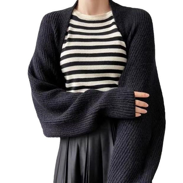 Strikket cardigan-jakke til kvinder, flagermusærmet sweater, kort, temperamentsfuld