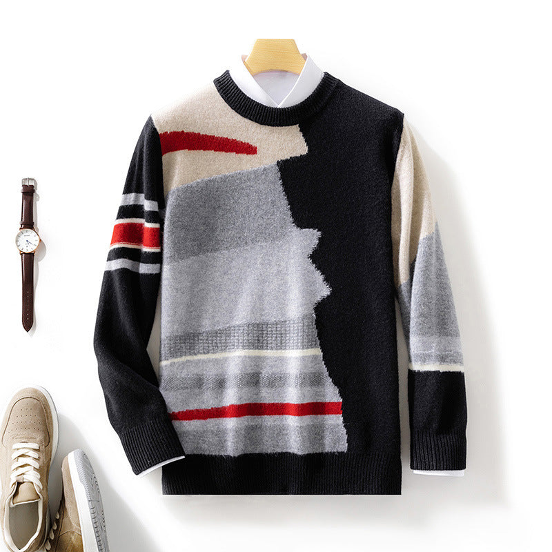 Fall Winter Men Round Neck Contrast Color Style Woolen Sweater