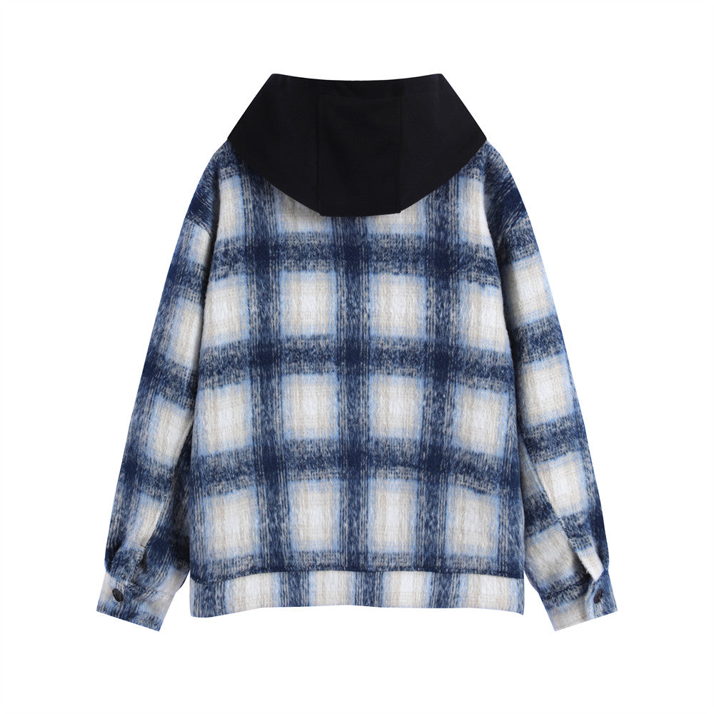 Men's Patchwork Color-contrast Check Hooded Zipper Jacket Casual Jacket