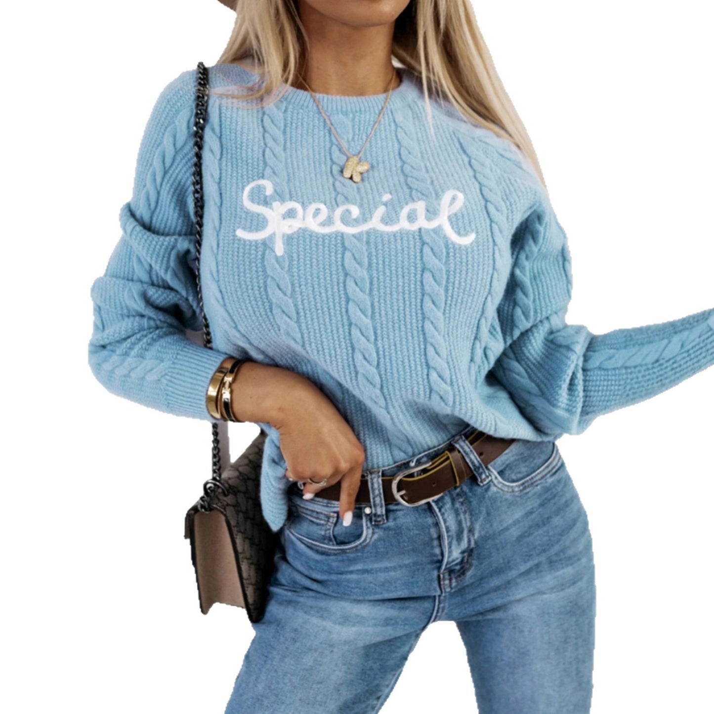 Leisure Pullover Letters Embroidered Crew Neck Knitwear
