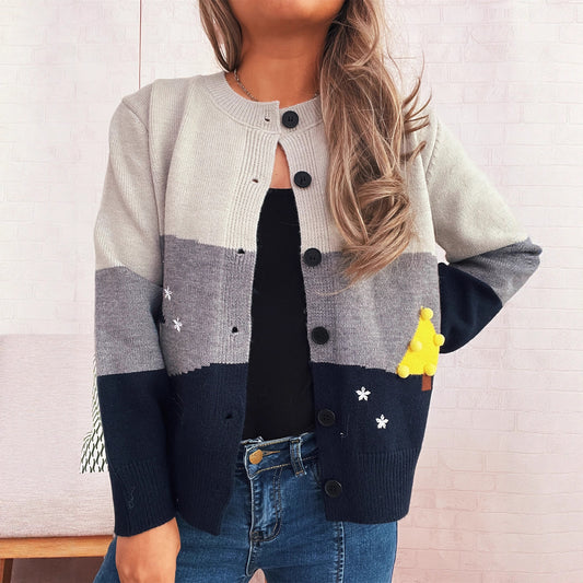 Casual Cute Knitted Village Cottage Jacquard Round Neck Contrast Color Sweater
