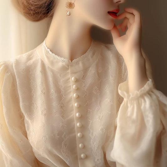 French Long Sleeve Lace Blouse Women