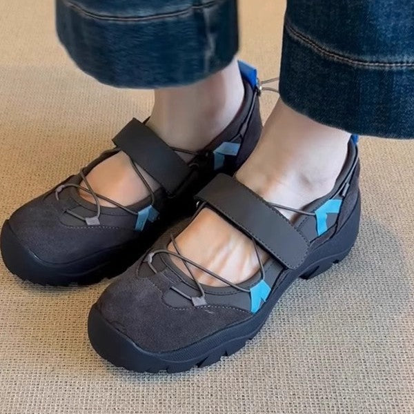 Womens Vintage Leather Thick-Soled Low-Top Velcro Mary Jane Shoes
