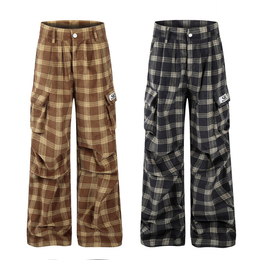 American Retro Hot Girl Cargo Pocket Plaid Casual Trousers