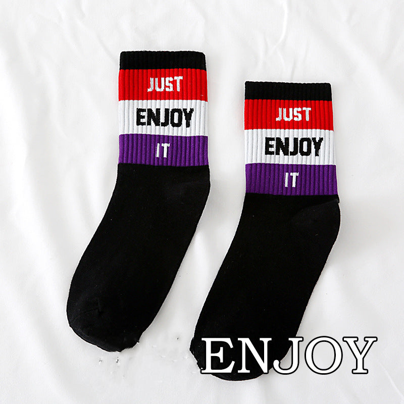 Spring And Autumn Ladies New Mid-calf English Letters Wide Stripe Combination Ins Trend Athletic Socks Combed Cotton Women's Socks Manufacturer
