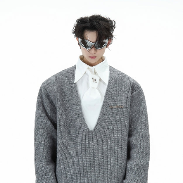 Niche Deconstruction Tie Shirt False Two-piece Patchwork Sweater