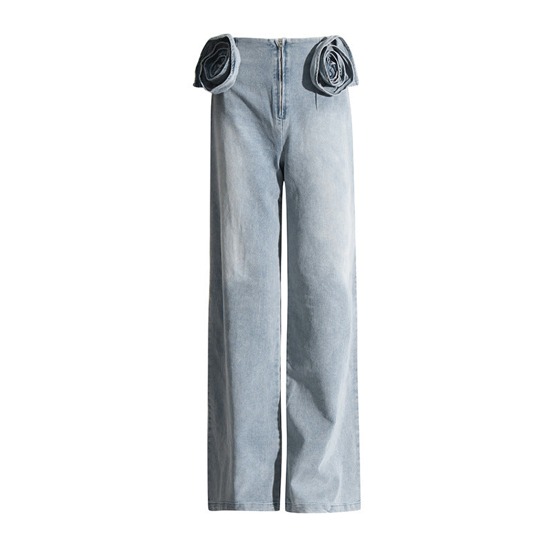 Design Stitching Three-dimensional Decoration Narrow High Waist Wide-leg Straight Pants