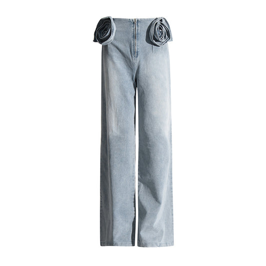 Design Stitching Three-dimensional Decoration Narrow High Waist Wide-leg Straight Pants