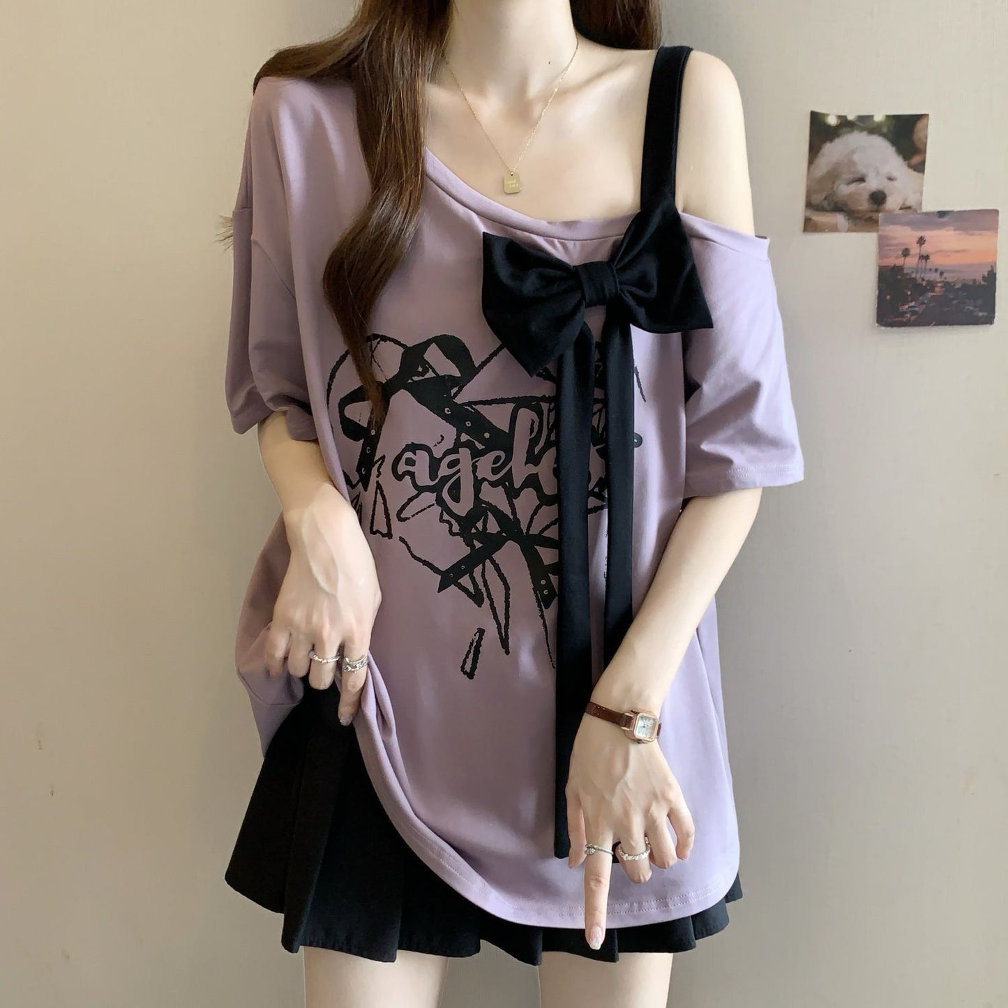 Large Size Three-dimensional Bow Off-the-shoulder Short Sleeve Summer New Loose